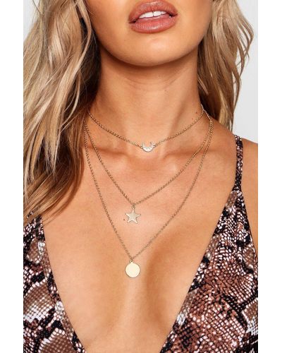 Boohoo Lea Diamante Horn Star & Coin Layered Necklace - Brown