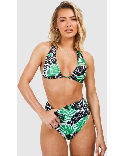 Boohoo Tropical Tie Shoulder High Waist Bikini Set - Green