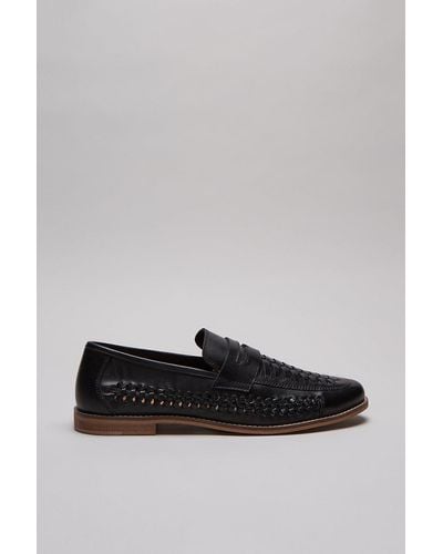Burton Black Leather Woven Loafers - Grey