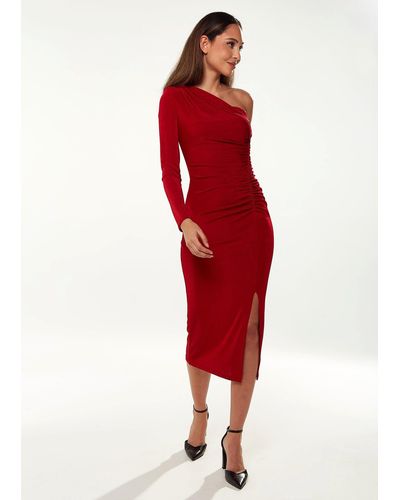 Liquorish Asymmetric Midi Dress In Red
