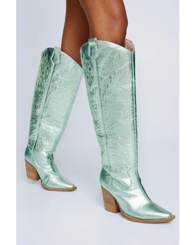 Nasty Gal Leather Metallic Butterfly Embroidery Knee High Cowboy Boots - Green