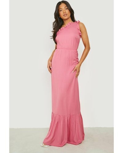 Boohoo Petite Frill One Shoulder Tiered Maxi Dress - Pink