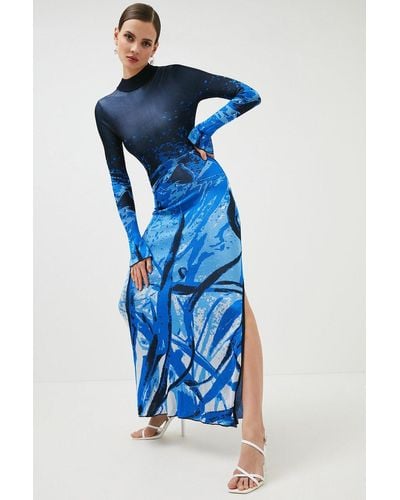 Karen Millen Ombre Floral Slinky Knit Maxi Dress - Blue
