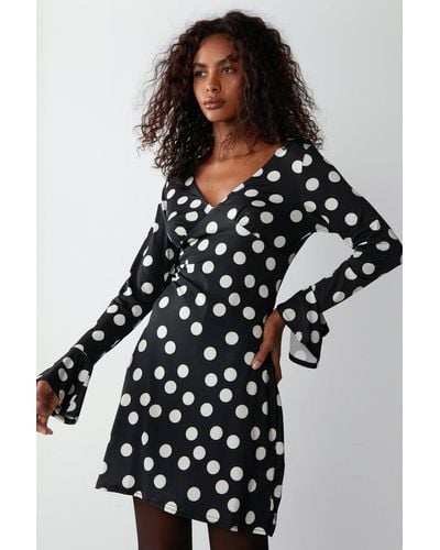 Warehouse Polka Dot Funnel Sleeve Mini Dress - Black