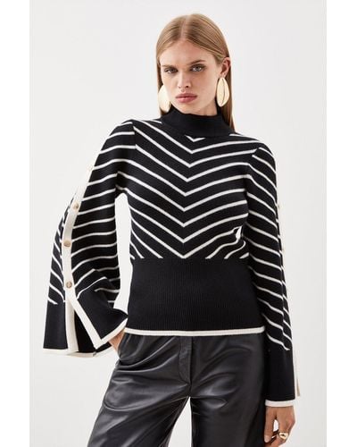 Karen Millen Striped Viscose Blend Full Sleeve Knit Jumper - Black