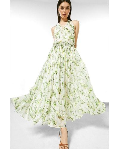 Karen Millen Floral Smocked Beaded Halter Woven Dress - White