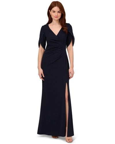 Adrianna Papell Pearl Trim Knit Crepe Gown - Blue