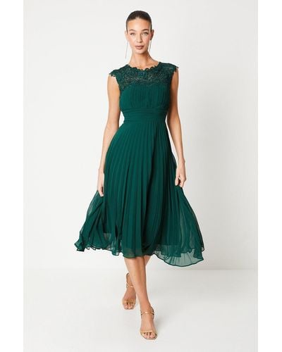 Coast Lace Top Pleated Skirt Midi Dress - Green