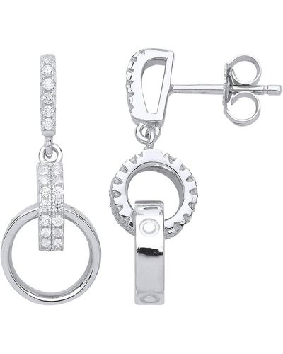 Jewelco London Silver Cz Linked Hoop Loop Drop Earrings - White