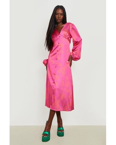 Boohoo Floral Printed Satin Plunge Midi Dress - Pink