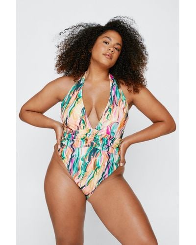 Nasty Gal Plus Size Recycled Marble Print Swimsuit - Green