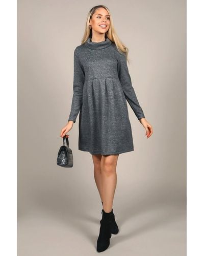 Tenki Full Sleeve Plain Roll Neck Knitted Dress - Grey
