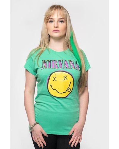 Nirvana Pink Smiley Skinny Fit T Shirt - Green
