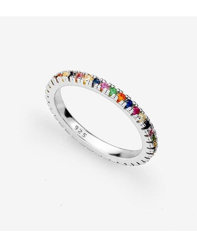MUCHV Silver Thin Stacking Ring With Rainbow Stones - Metallic