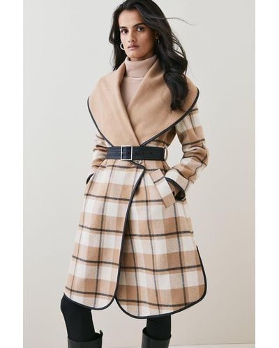 Karen Millen Italian Wool Cashmere Check Belted Waterfall Coat - Natural