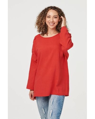 Izabel London Lace Shoulder Oversized Top - Red