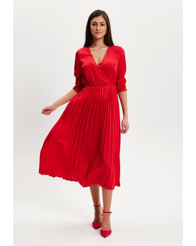 Liquorish Red Midi Dress With Pleat Details