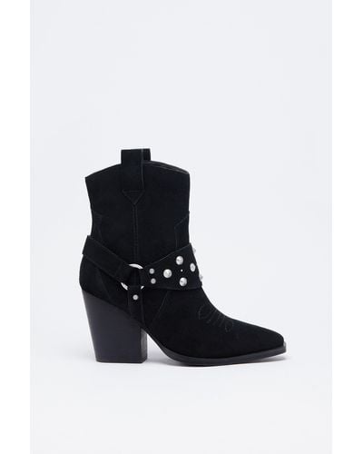 Warehouse Suede Harness Detail Ankle Cowboy Boot - Black