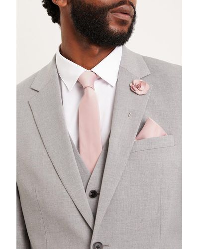 Burton Wedding Plain Tie Set With Matching Lapel Pin - Grey