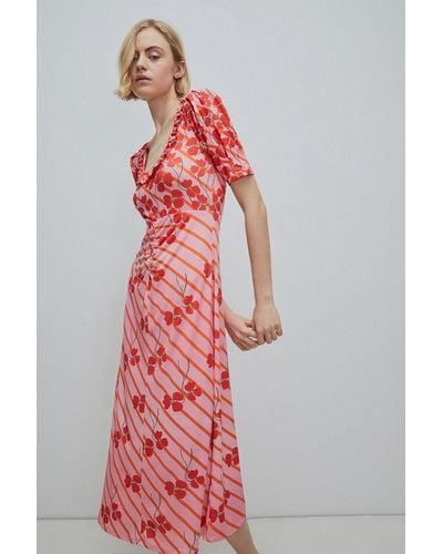 Warehouse Wh X Petite Rose England Floral Stripe Print Midi Dress - Red