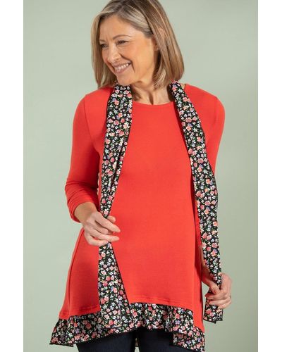 Anna Rose Knitted Top With Floral Chiffon Scarf - Red