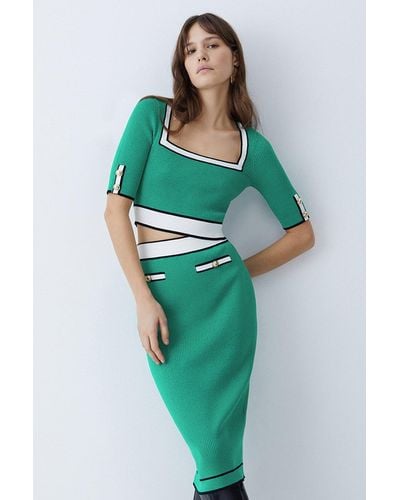 Karen Millen Military Style Rib Knit Midi Skirt - Green