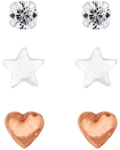 Simply Silver Sterling Silver 925 With Cubic Zirconia Two-tone Star And Heart Stud 3-pack Earrings - White
