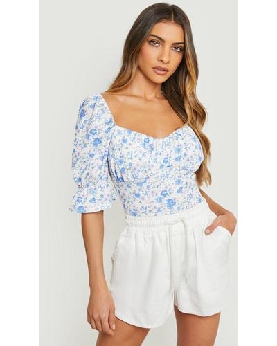 Boohoo Floral Puff Sleeve One Piece - White