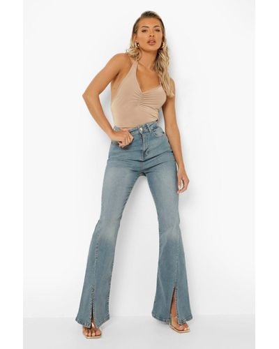 Boohoo High Waist Split Front Stretch Flared Jeans - Blue