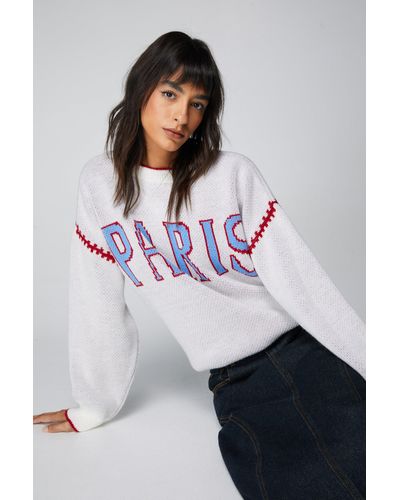 Nasty Gal Paris Graphic Long Sleeve Knit Jumper - White