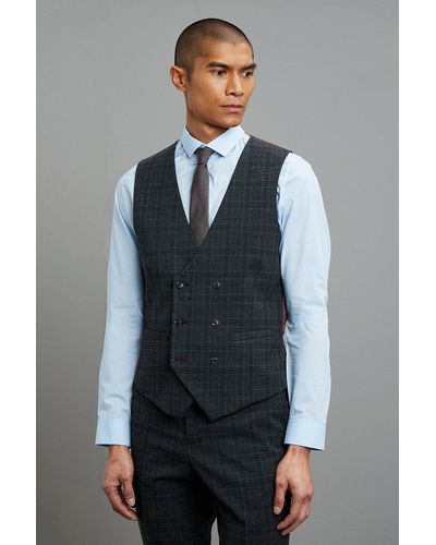 Burton Double Breasted Grey Highlight Checked Waistcoat - Blue