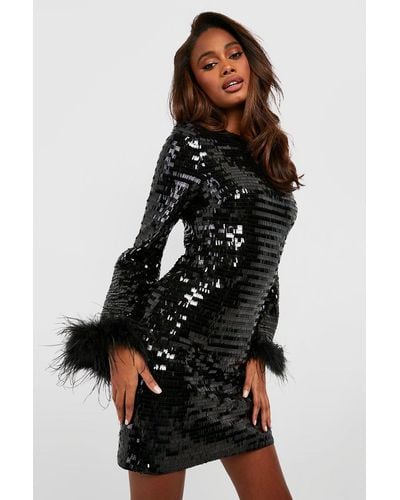 Boohoo Premium Sequin Feather Cuff Shift Party Dress - Black