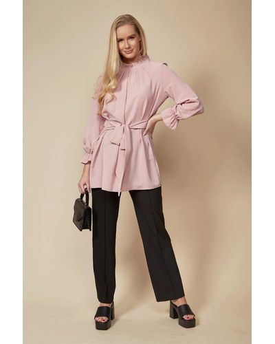 Hoxton Gal Oversized Tie Waisted Long Sleeves Tunic Top - Pink