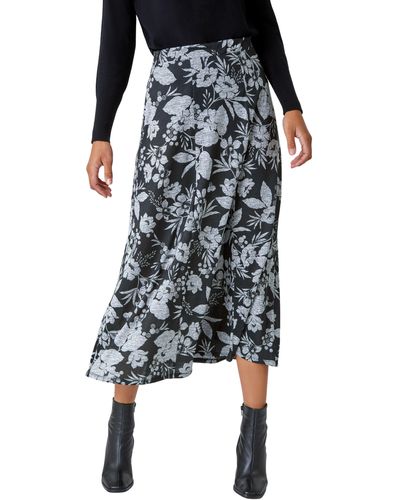 Roman Floral Print Midi Stretch Skirt - Black