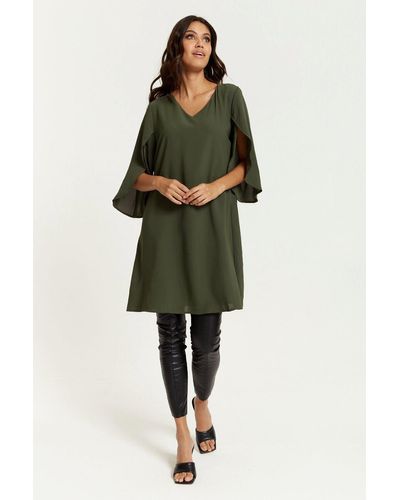Hoxton Gal Oversized V Neck Detailed Satin Tunic With Split Sleeves - Green