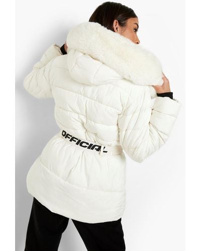 Boohoo Faux Fur Trim Belted Puffer Jacket - White