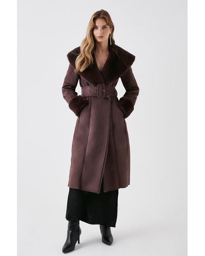 Coast Faux Shearling Collar Belted Long Coat - Brown