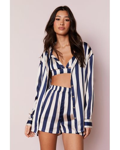 Nasty Gal Satin Stripe Bralette And Shirt 3pc Pyjama Shorts Set - Blue