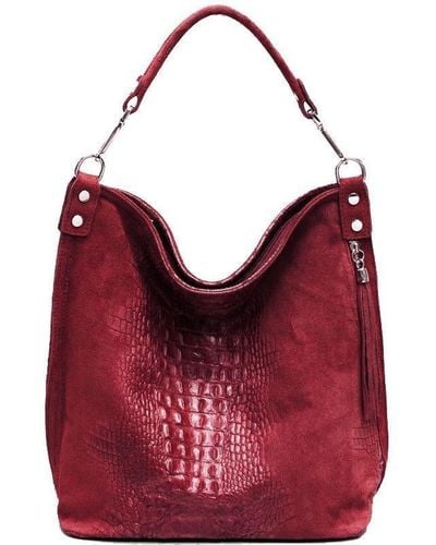 Sostter Plum Croc Suede Leather Hobo Shoulder Bag - Bxdai - Red