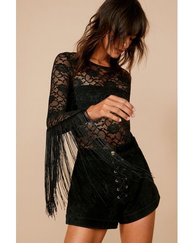 Nasty Gal Lace Fringed Bodysuit - Black