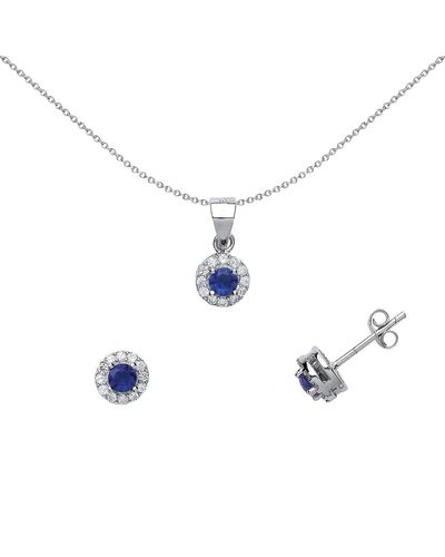 Jewelco London Silver Blue Cz Halo Earrings Necklace Set 18 Inch - Gset504