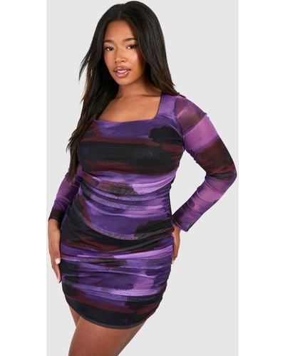 Boohoo Plus Square Neck Ruched Printed Mesh Bodycon Dress - Purple