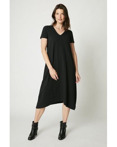 MAINE Plain V Neck Short Sleeve Midi Dress - Black