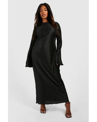 Boohoo Plus Wave Plisse Flared Sleeve Comlumn Maxi Dress - Black