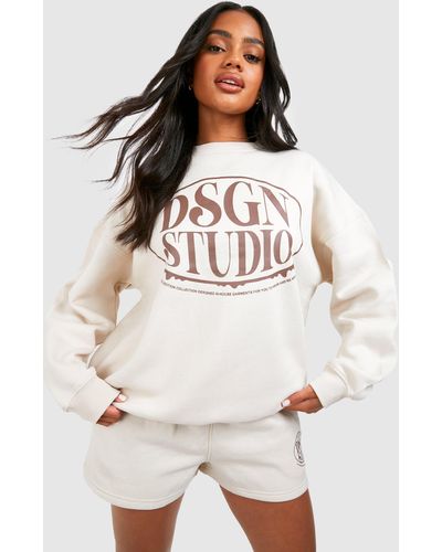 Boohoo Dsgn Studio Slogan Sweatshirt Short Tracksuit - Natural