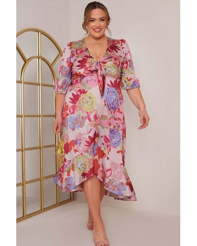 Chi Chi London Plus Size Short Sleeve Tie Front Floral Midi Dress - Pink