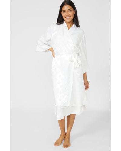 DEBENHAMS Jacquard Spot Satin Kimono Robe - White