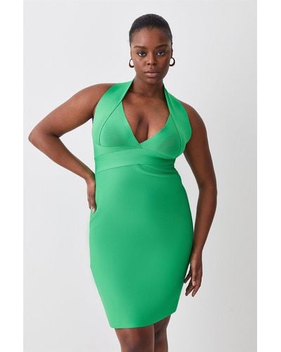 Karen Millen Plus Size Halter Neck Bandage Deep V Mini Dress - Green