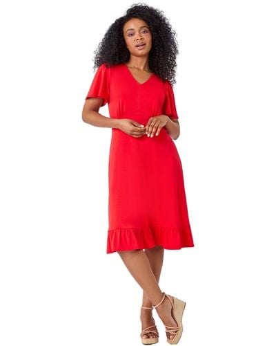 Roman Petite Frill Hem Stretch Tea Dress - Red