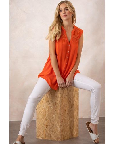 Klass Lace Trim Sleeveless Button Top - Orange